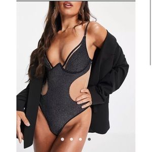 God Save Queens Laila Shimmer Velvet Sheer Contour Bodysuit in Black